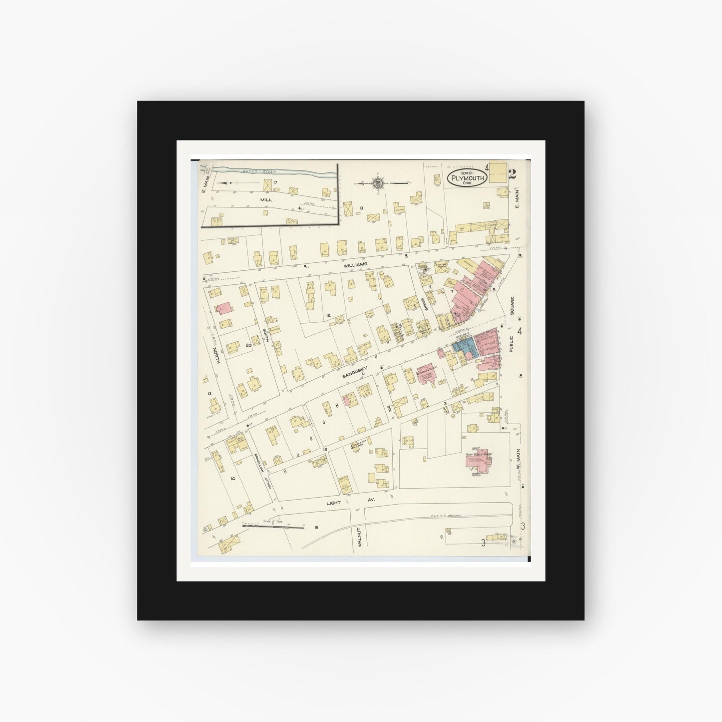 Old map wall art mockup — black gallery frame with white mat — Sanborn Fire Insurance Map from Plymouth, Huron And Richland Counties, Ohio (1911), Sheet #0002