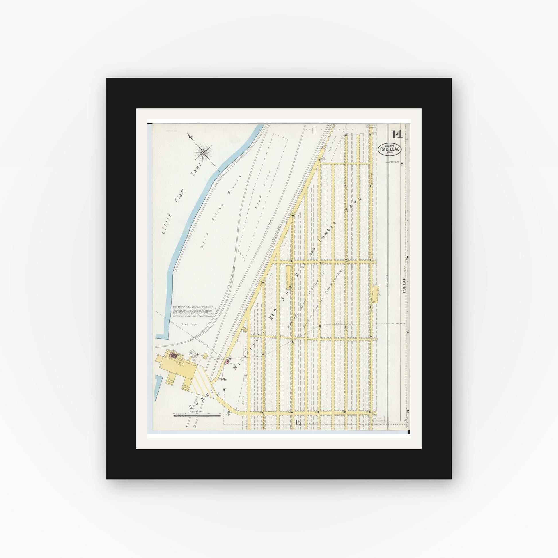 Old map wall art mockup — black gallery frame with white mat — Sanborn Fire Insurance Map from Cadillac, Wexford County, Michigan (1900), Sheet #0014