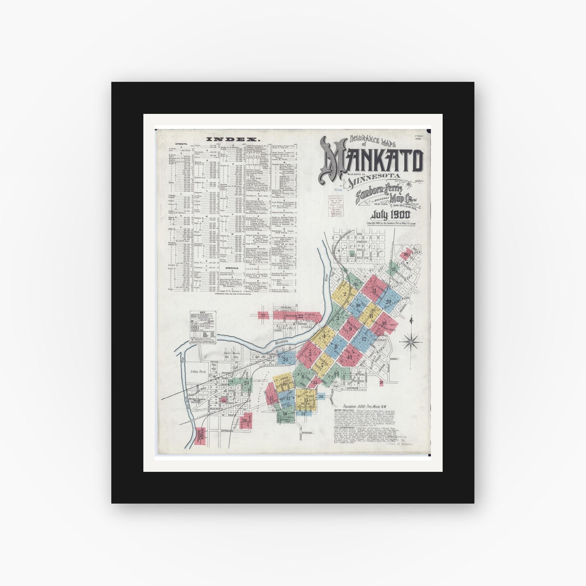 Old map wall art mockup — black gallery frame with white mat — Sanborn Fire Insurance Map from Mankato, Blue Earth County, Minnesota (1900) - Complete Map Set