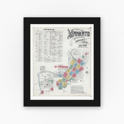 Old map wall art mockup — black gallery frame with white mat — Sanborn Fire Insurance Map from Mankato, Blue Earth County, Minnesota (1900) - Complete Map Set