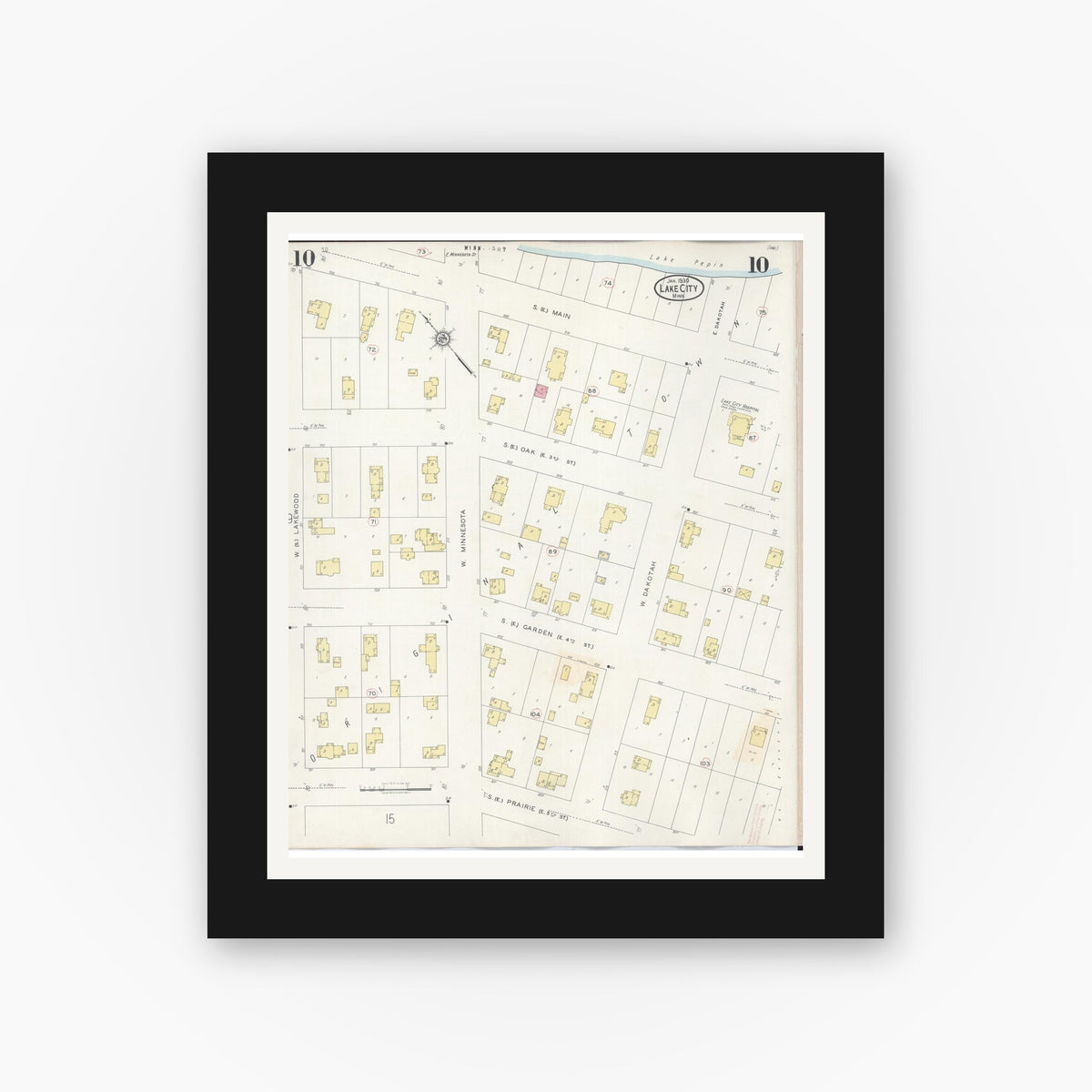 Old map wall art mockup — black gallery frame with white mat — Sanborn Fire Insurance Map from Lake City, Wabasha County, Minnesota (1938), Sheet #0010