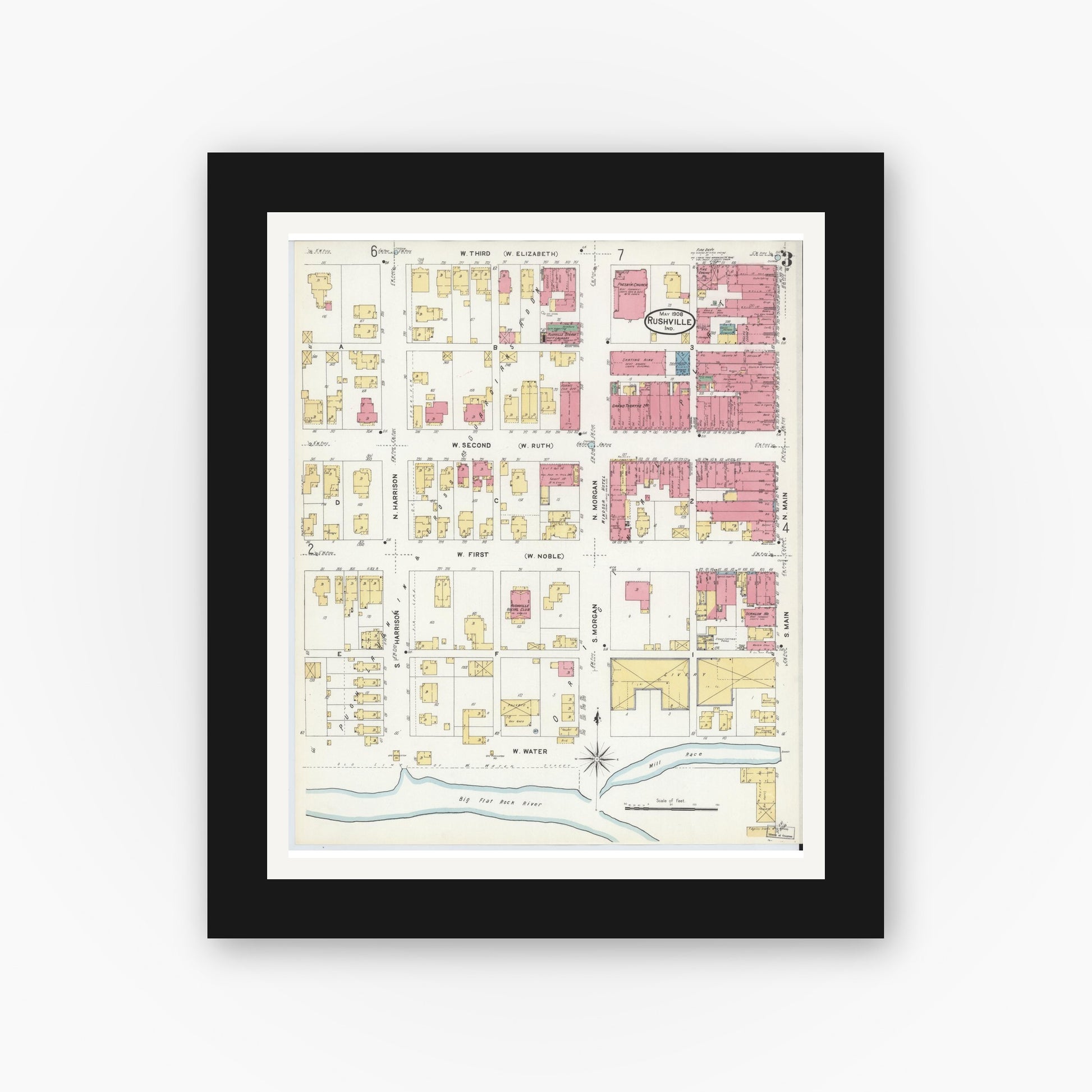 Old map wall art mockup — black gallery frame with white mat — Sanborn Fire Insurance Map from Rushville, Rush County, Indiana (1908), Sheet #0003