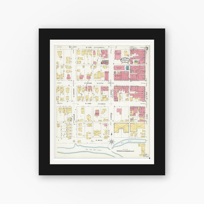 Old map wall art mockup — black gallery frame with white mat — Sanborn Fire Insurance Map from Rushville, Rush County, Indiana (1908), Sheet #0003