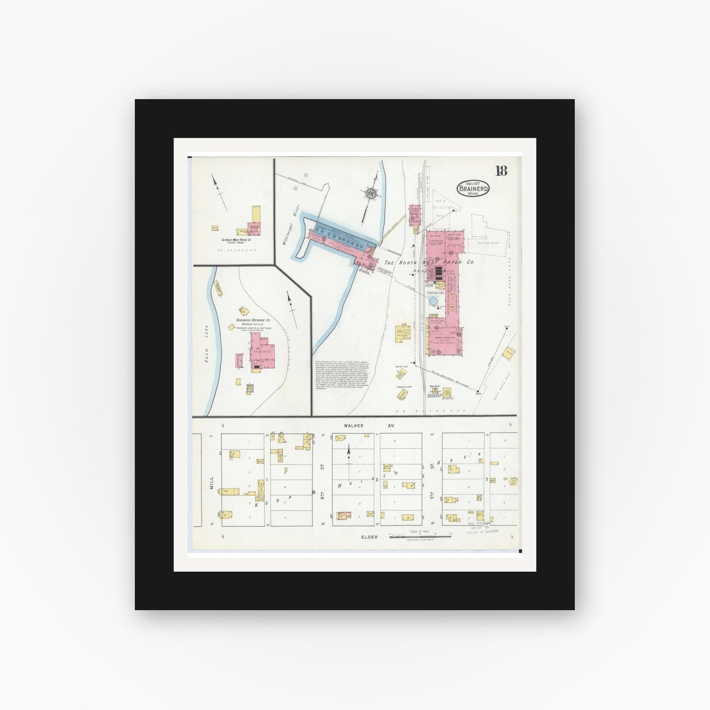 Old map wall art mockup — black gallery frame with white mat — Sanborn Fire Insurance Map from Brainerd, Crow Wing County, Minnesota (1917), Sheet #0018