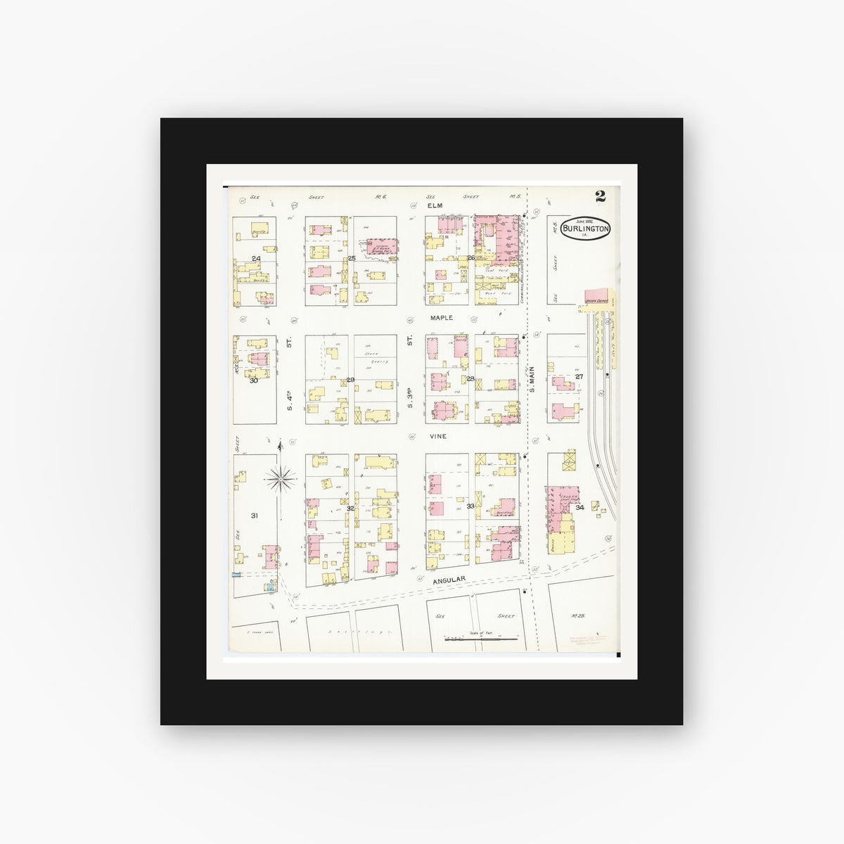 Old map wall art mockup — black gallery frame with white mat — Sanborn Fire Insurance Map from Burlington, Des Moines County, Iowa (1892), Sheet #0002