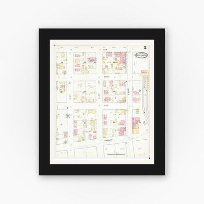 Old map wall art mockup — black gallery frame with white mat — Sanborn Fire Insurance Map from Burlington, Des Moines County, Iowa (1892), Sheet #0002