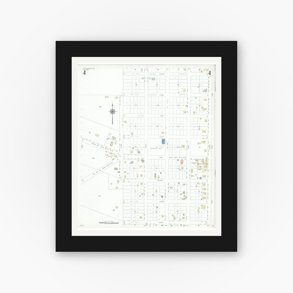 Old map wall art mockup — black gallery frame with white mat — Sanborn Fire Insurance Map from Rocksprings, Edwards County, Texas (1948), Sheet #0004