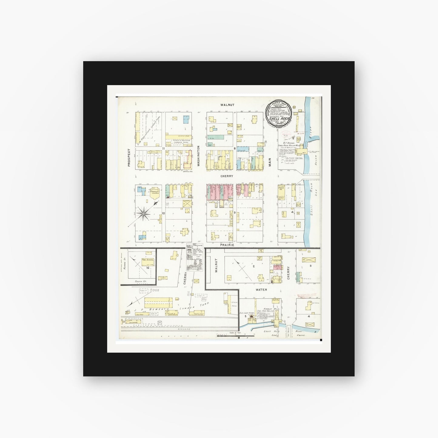 Old map wall art mockup — black gallery frame with white mat — Sanborn Fire Insurance Map from Shell Rock, Butler County, Iowa (1895), Sheet #0001