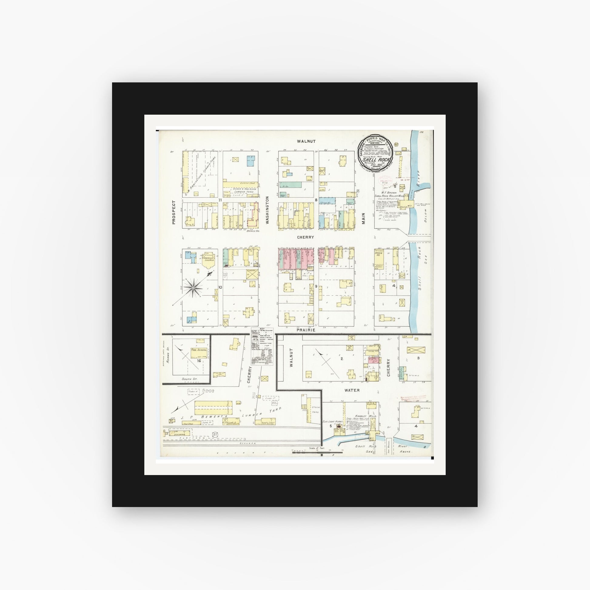 Old map wall art mockup — black gallery frame with white mat — Sanborn Fire Insurance Map from Shell Rock, Butler County, Iowa (1895), Sheet #0001