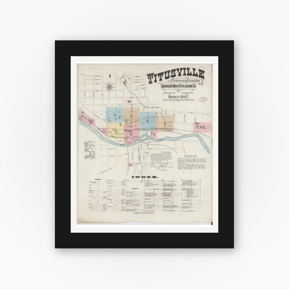 Old map wall art mockup — black gallery frame with white mat — Sanborn Fire Insurance Map from Titusville, Crawford County, Pennsylvania (1887), Sheet #0001