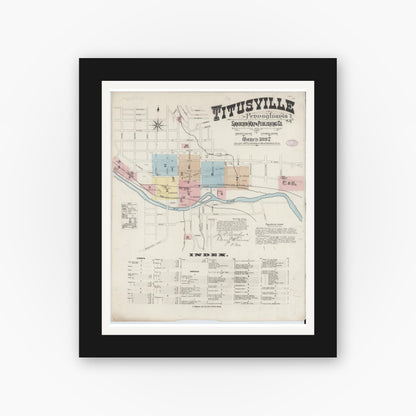 Old map wall art mockup — black gallery frame with white mat — Sanborn Fire Insurance Map from Titusville, Crawford County, Pennsylvania (1887), Sheet #0001