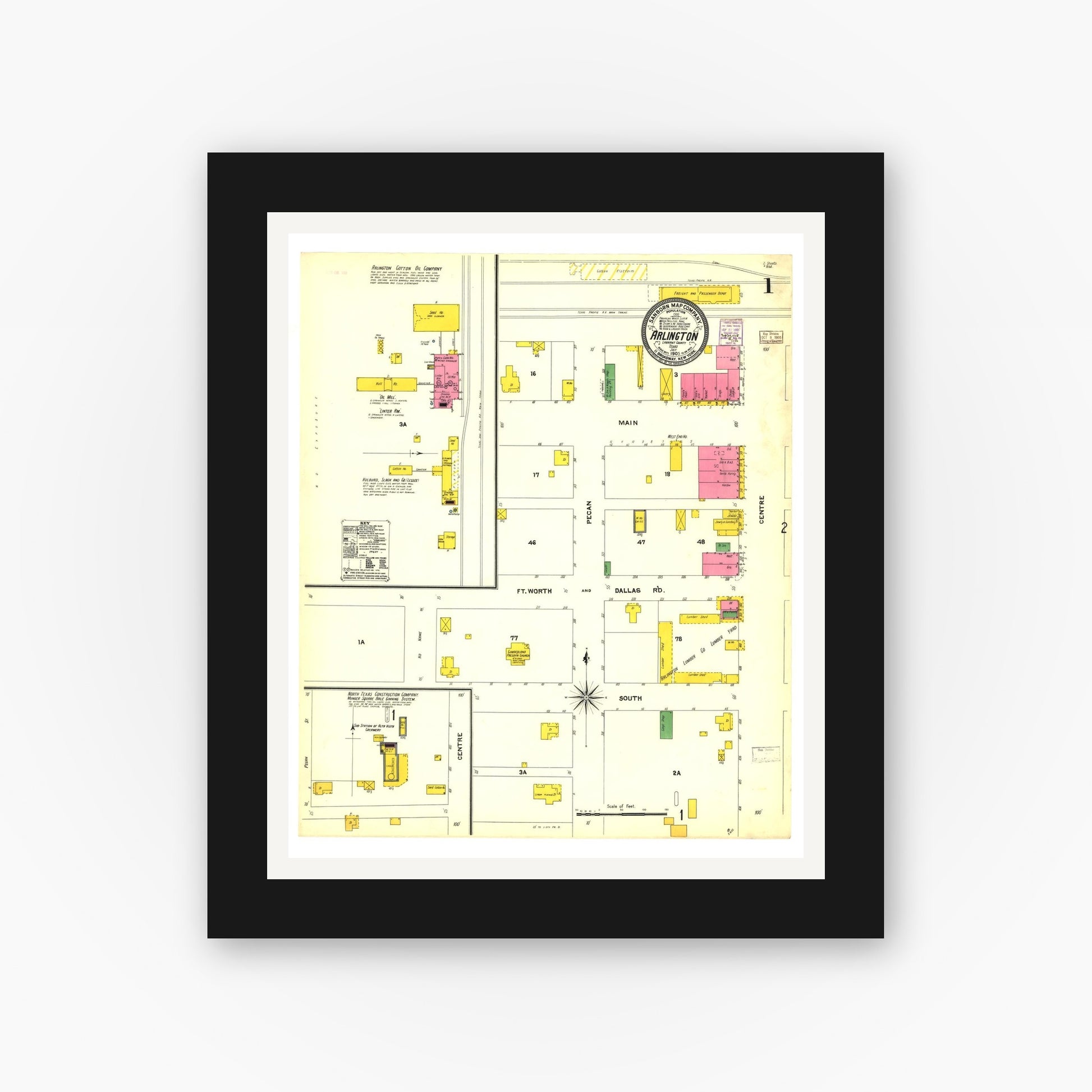 Old map wall art mockup — black gallery frame with white mat — Sanborn Fire Insurance Map from Arlington, Tarrant County, Texas (1905), Sheet #0001