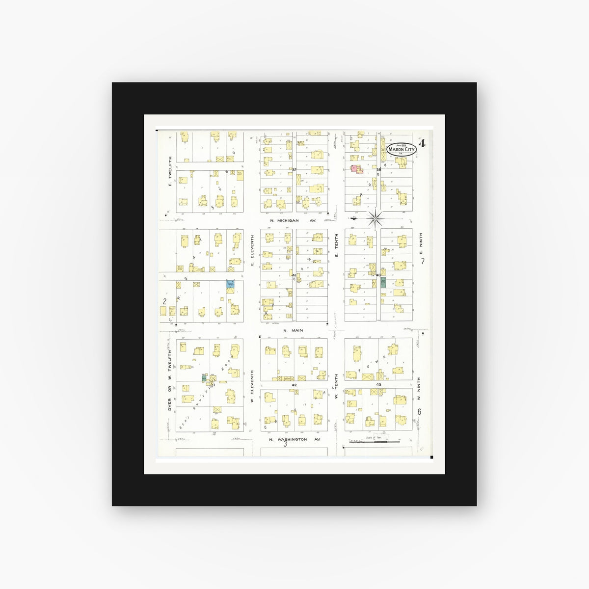 Old map wall art mockup — black gallery frame with white mat — Sanborn Fire Insurance Map from Mason City, Cerro Gordo County, Iowa (1909), Sheet #0004