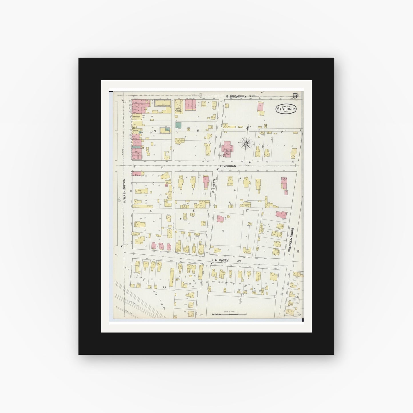 Old map wall art mockup — black gallery frame with white mat — Sanborn Fire Insurance Map from Mount Vernon, Jefferson County, Illinois (1894), Sheet #0005