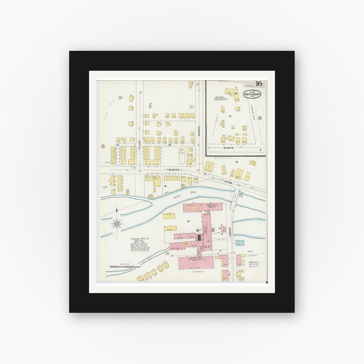 Old map wall art mockup — black gallery frame with white mat — Sanborn Fire Insurance Map from North Adams, Berkshire County, Massachusetts (1897), Sheet #0016