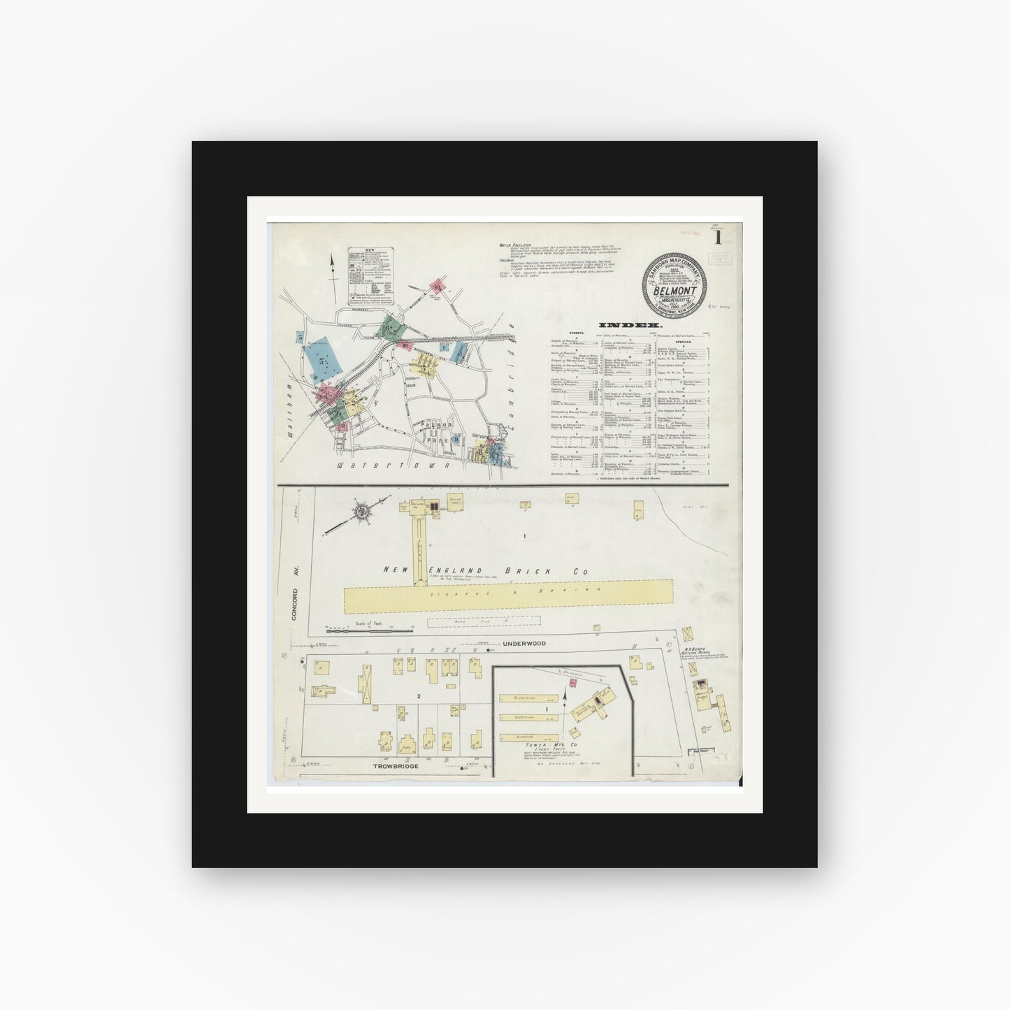 Old map wall art mockup — black gallery frame with white mat — Sanborn Fire Insurance Map from Belmont, Middlesex County, Massachusetts (1910), Sheet #0001