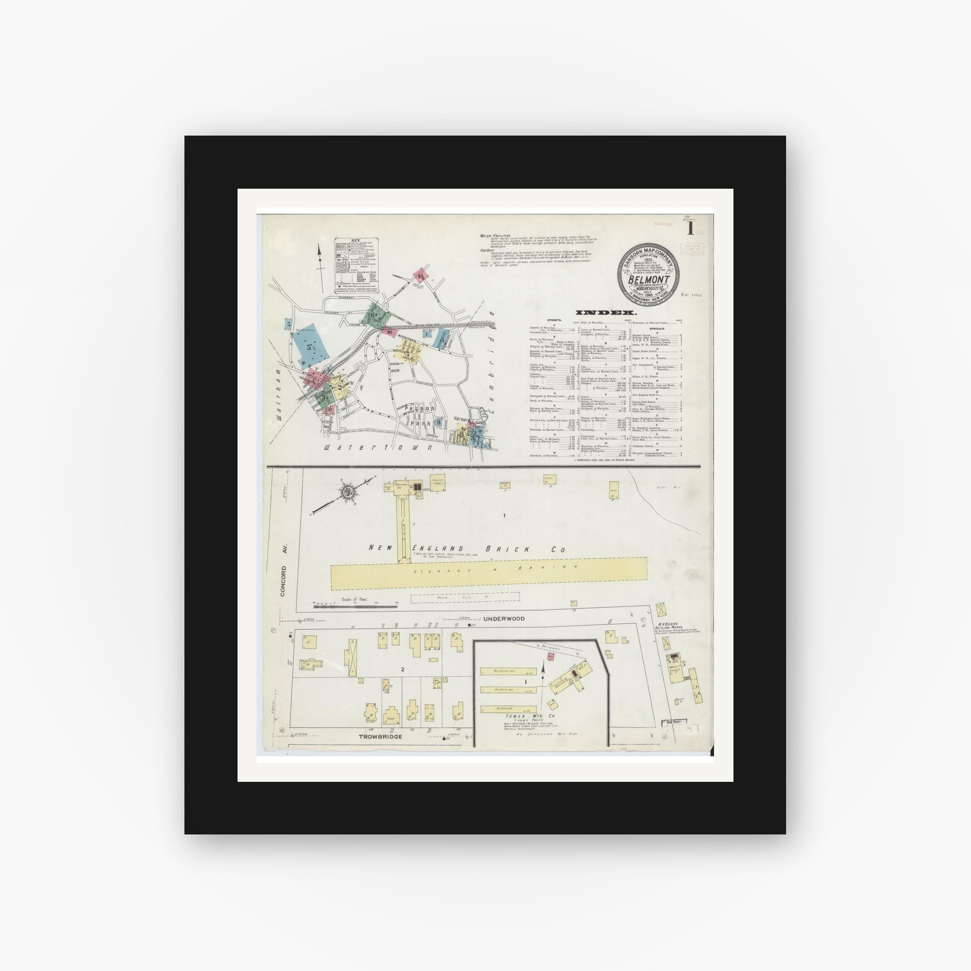 Old map wall art mockup — black gallery frame with white mat — Sanborn Fire Insurance Map from Belmont, Middlesex County, Massachusetts (1910), Sheet #0001