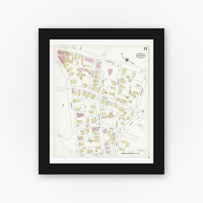 Old map wall art mockup — black gallery frame with white mat — Sanborn Fire Insurance Map from Chicopee, Hampden County, Massachusetts (1910), Sheet #0011