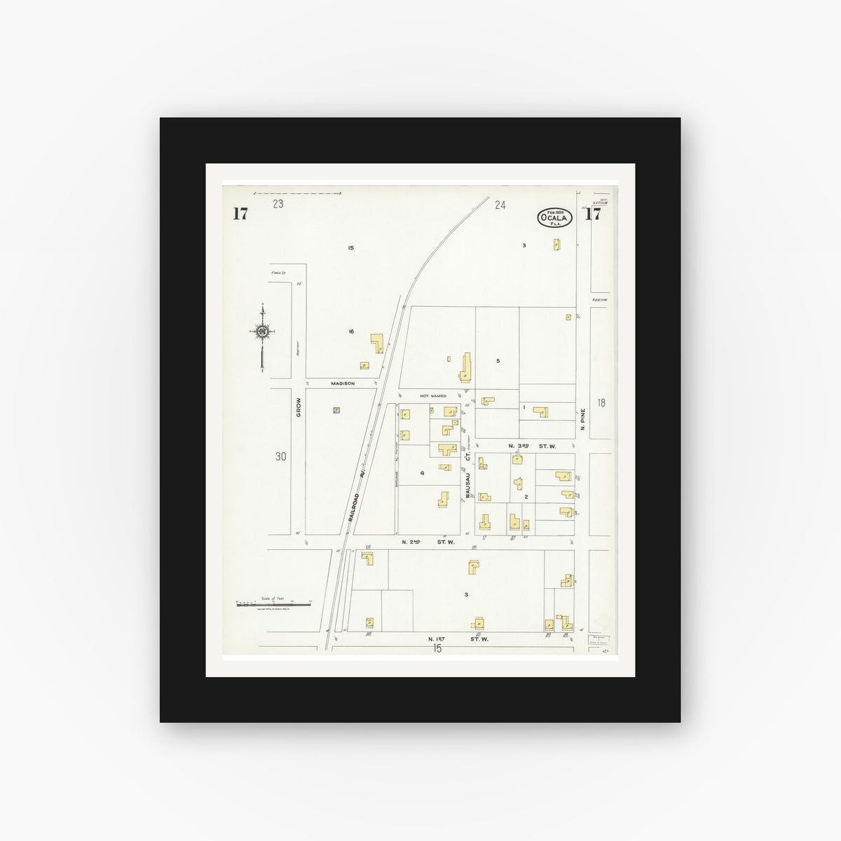 Old map wall art mockup — black gallery frame with white mat — Sanborn Fire Insurance Map from Ocala, Marion County, Florida (1924), Sheet #0017