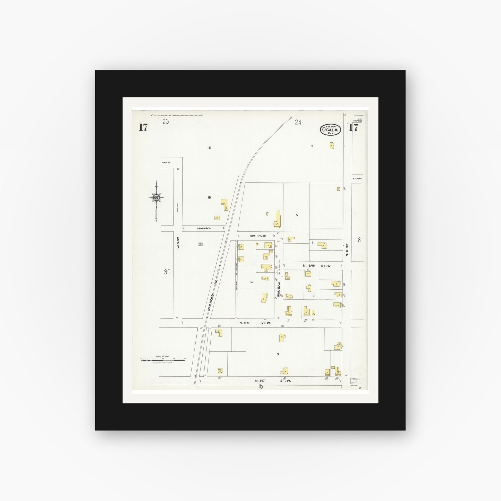 Old map wall art mockup — black gallery frame with white mat — Sanborn Fire Insurance Map from Ocala, Marion County, Florida (1924), Sheet #0017
