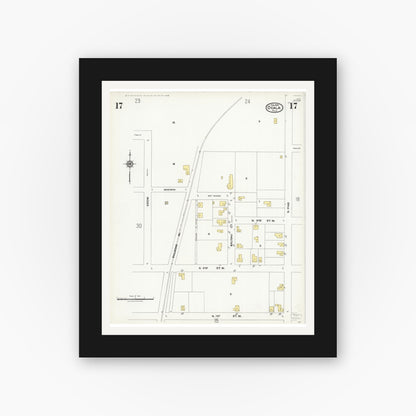 Old map wall art mockup — black gallery frame with white mat — Sanborn Fire Insurance Map from Ocala, Marion County, Florida (1924), Sheet #0017
