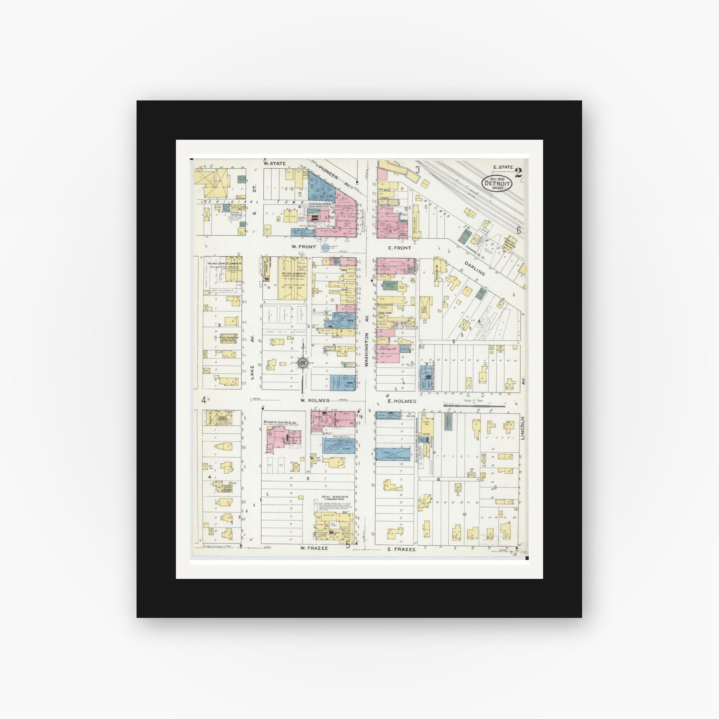 Old map wall art mockup — black gallery frame with white mat — Sanborn Fire Insurance Map from Detroit Lakes, Becker County, Minnesota (1909), Sheet #0002