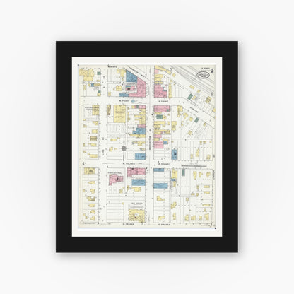 Old map wall art mockup — black gallery frame with white mat — Sanborn Fire Insurance Map from Detroit Lakes, Becker County, Minnesota (1909), Sheet #0002