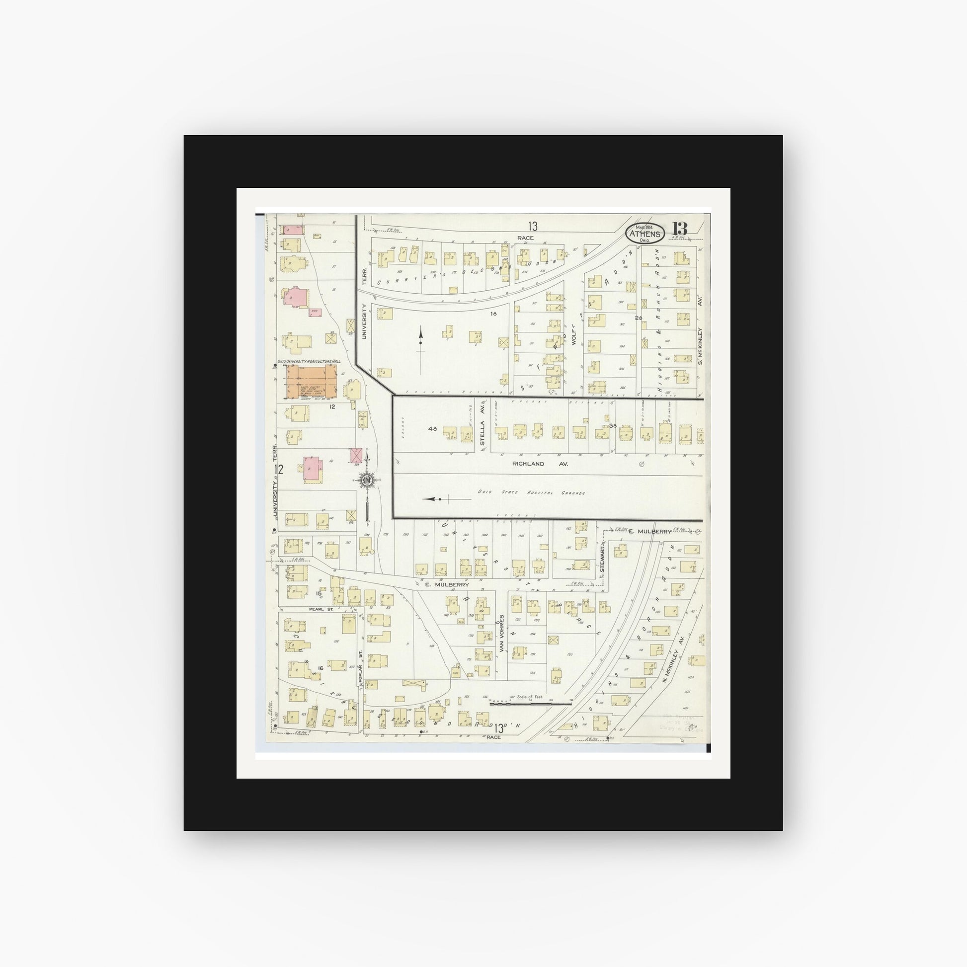 Old map wall art mockup — black gallery frame with white mat — Sanborn Fire Insurance Map from Athens, Athens County, Ohio (1914), Sheet #0013