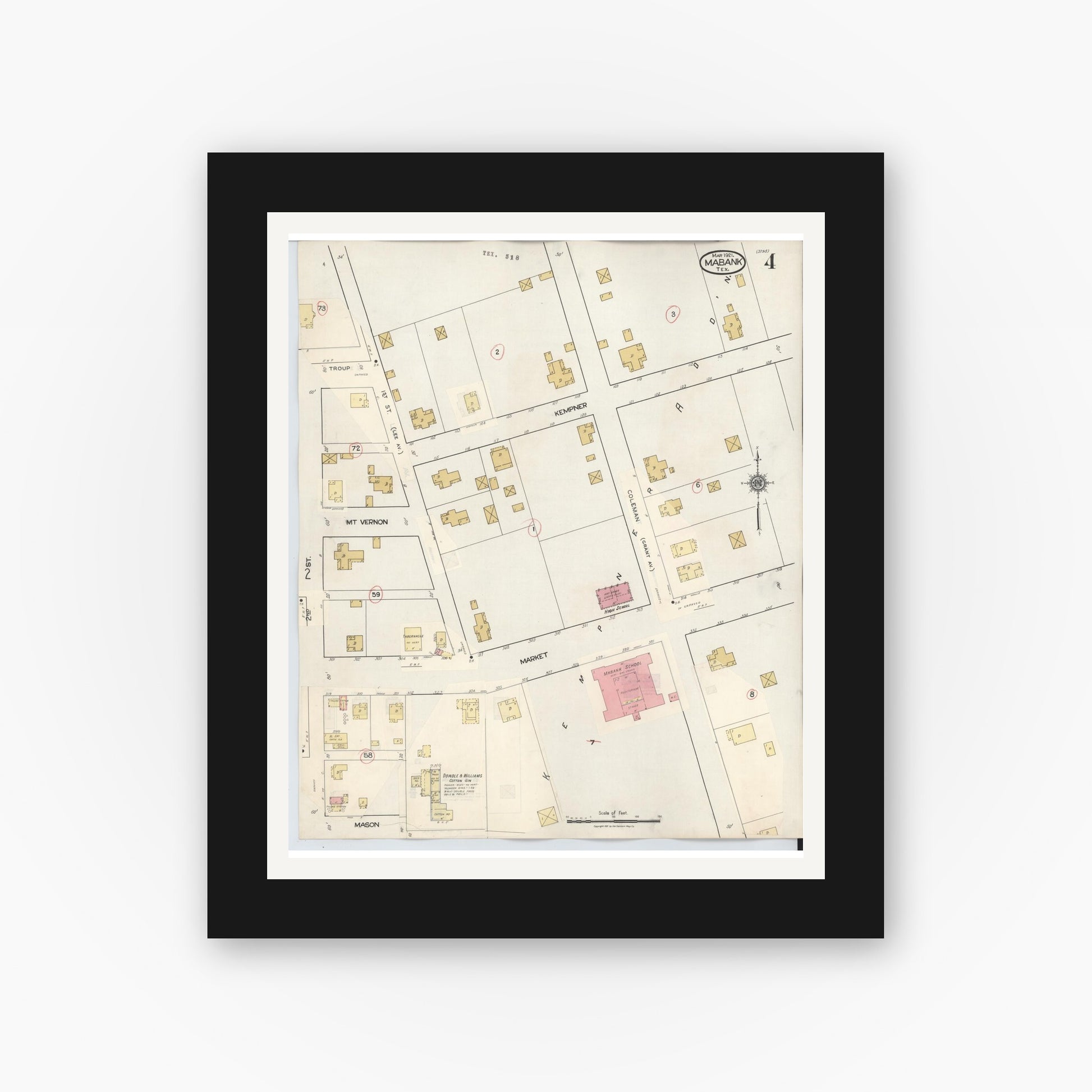 Old map wall art mockup — black gallery frame with white mat — Sanborn Fire Insurance Map from Mabank, Kaufman County, Texas (1934), Sheet #0004
