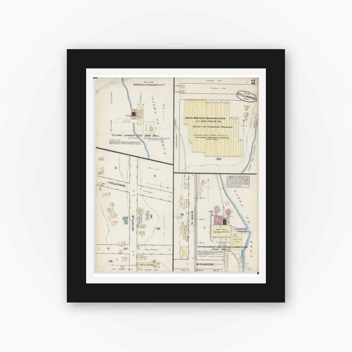 Old map wall art mockup — black gallery frame with white mat — Sanborn Fire Insurance Map from Stillwater, Washington County, Minnesota (1884), Sheet #0002