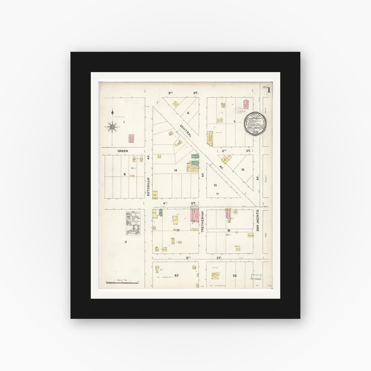 Old map wall art mockup — black gallery frame with white mat — Sanborn Fire Insurance Map from San Jacinto, Riverside County, California (1891) - Complete Map Set