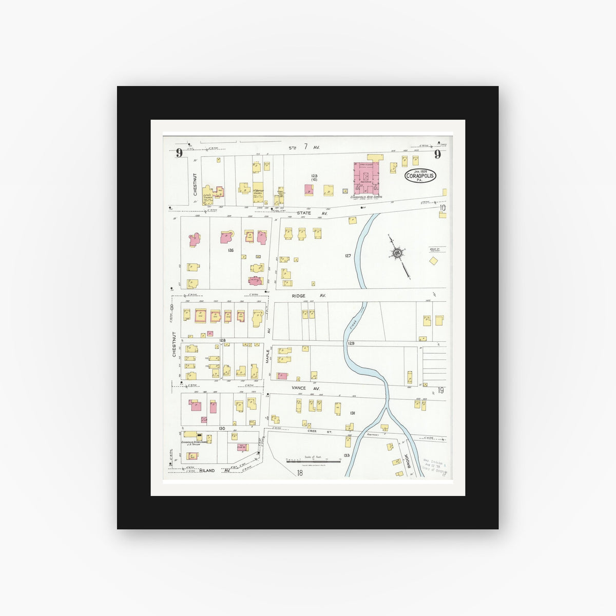 Old map wall art mockup — black gallery frame with white mat — Sanborn Fire Insurance Map from Coraopolis, Allegheny County, Pennsylvania (1924), Sheet #0009