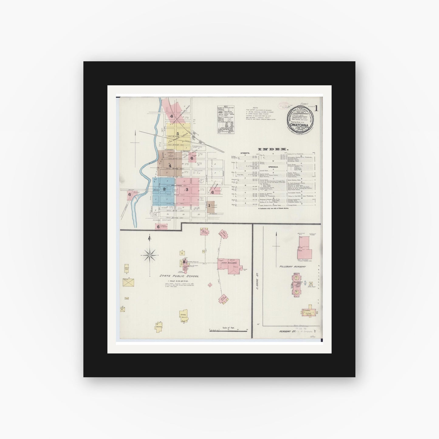 Old map wall art mockup — black gallery frame with white mat — Sanborn Fire Insurance Map from Owatonna, Steele County, Minnesota (1889), Sheet #0001