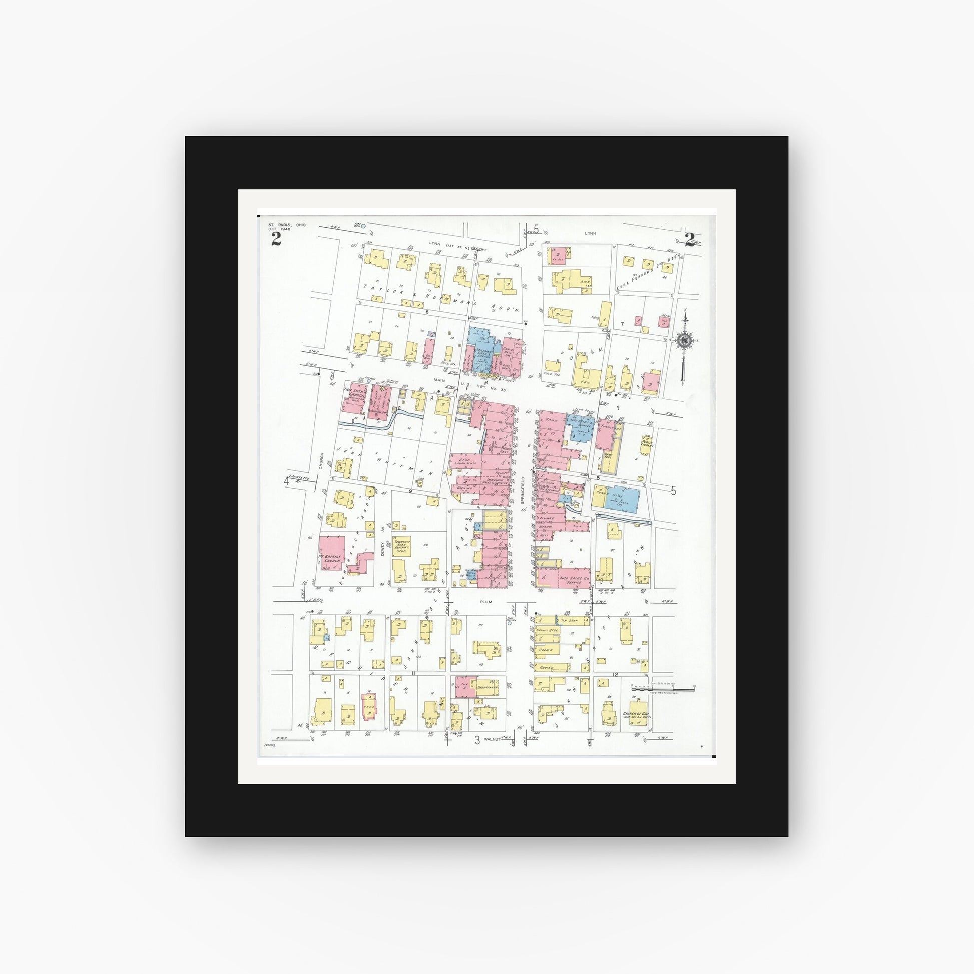 Old map wall art mockup — black gallery frame with white mat — Sanborn Fire Insurance Map from Saint Paris, Champaign County, Ohio (1948), Sheet #0002