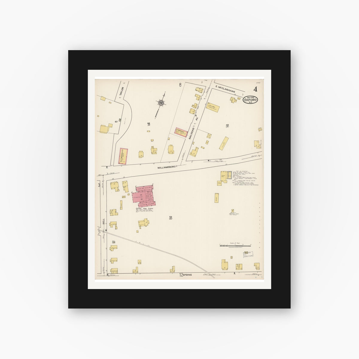 Old map wall art mockup — black gallery frame with white mat — Sanborn Fire Insurance Map from Oxford, Granville County, North Carolina (1922), Sheet #0004
