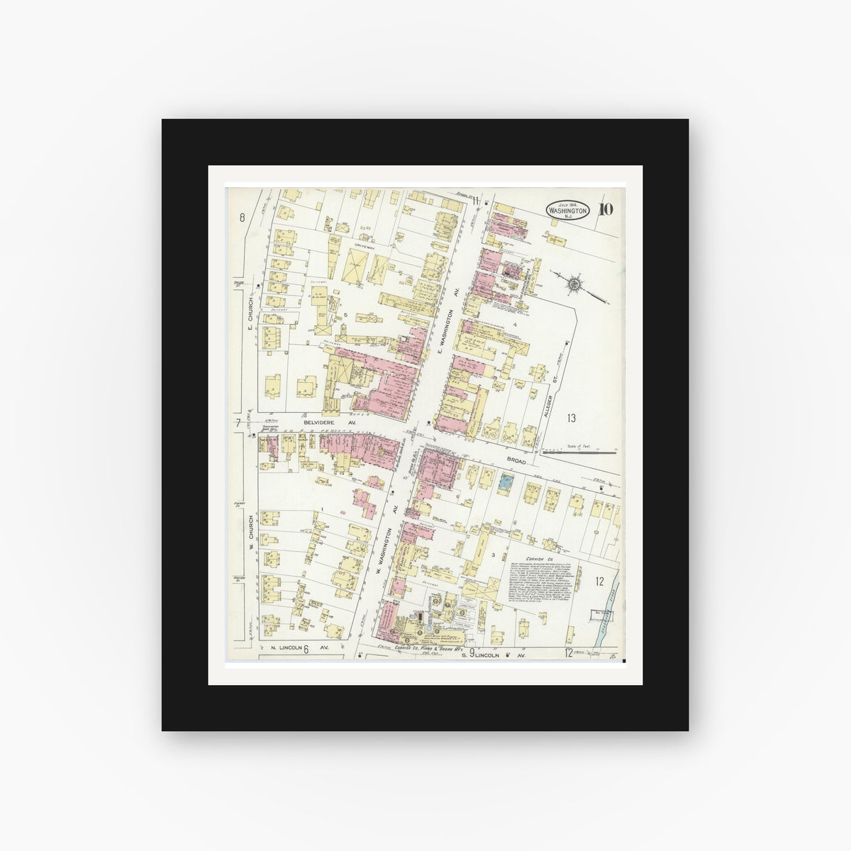 Old map wall art mockup — black gallery frame with white mat — Sanborn Fire Insurance Map from Washington, Warren County, New Jersey (1914), Sheet #0010