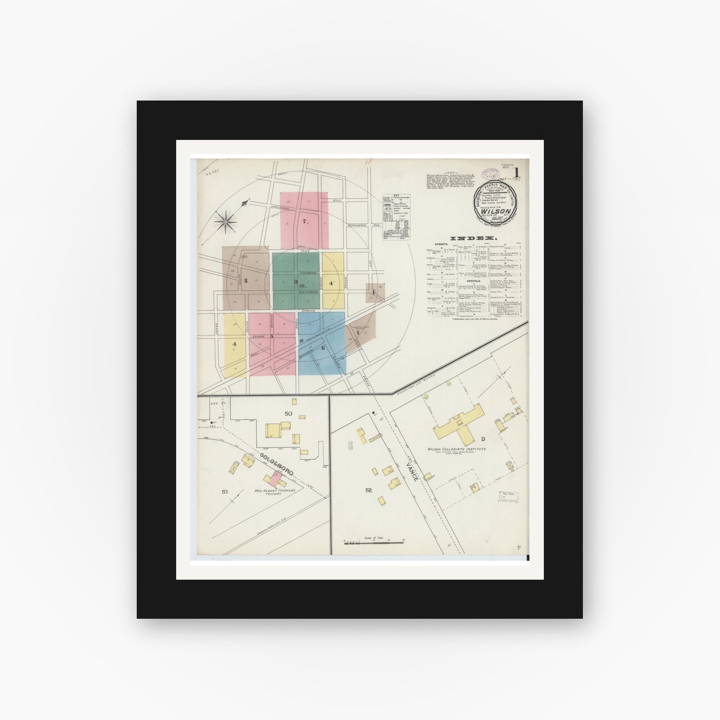 Old map wall art mockup — black gallery frame with white mat — Sanborn Fire Insurance Map from Wilson, Wilson County, North Carolina (1893) - Complete Map Set