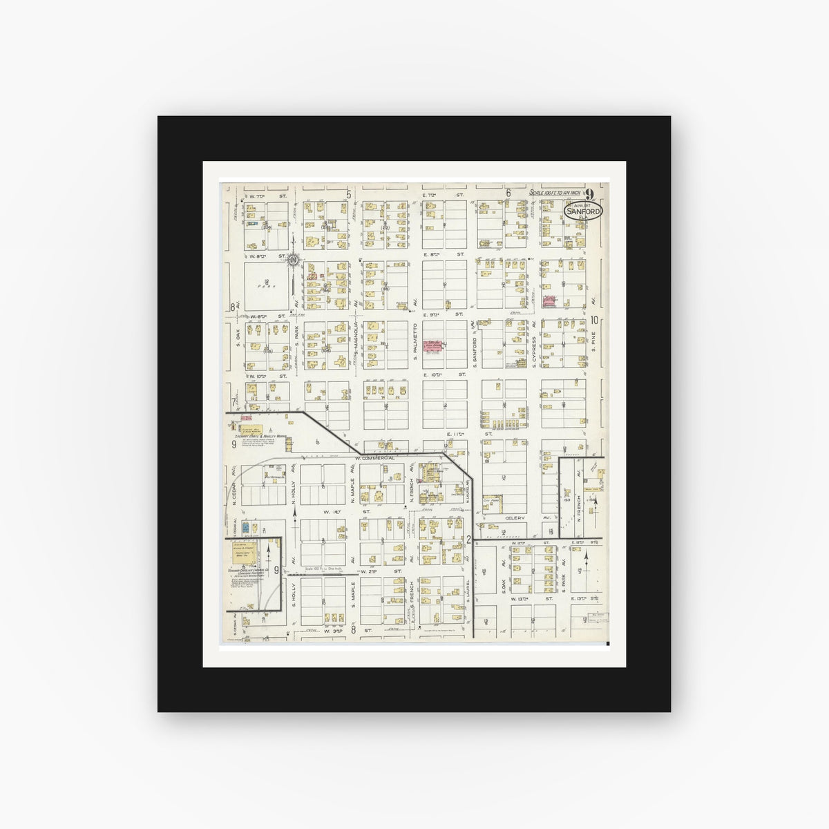 Old map wall art mockup — black gallery frame with white mat — Sanborn Fire Insurance Map from Sanford, Seminole County, Florida (1917), Sheet #0009