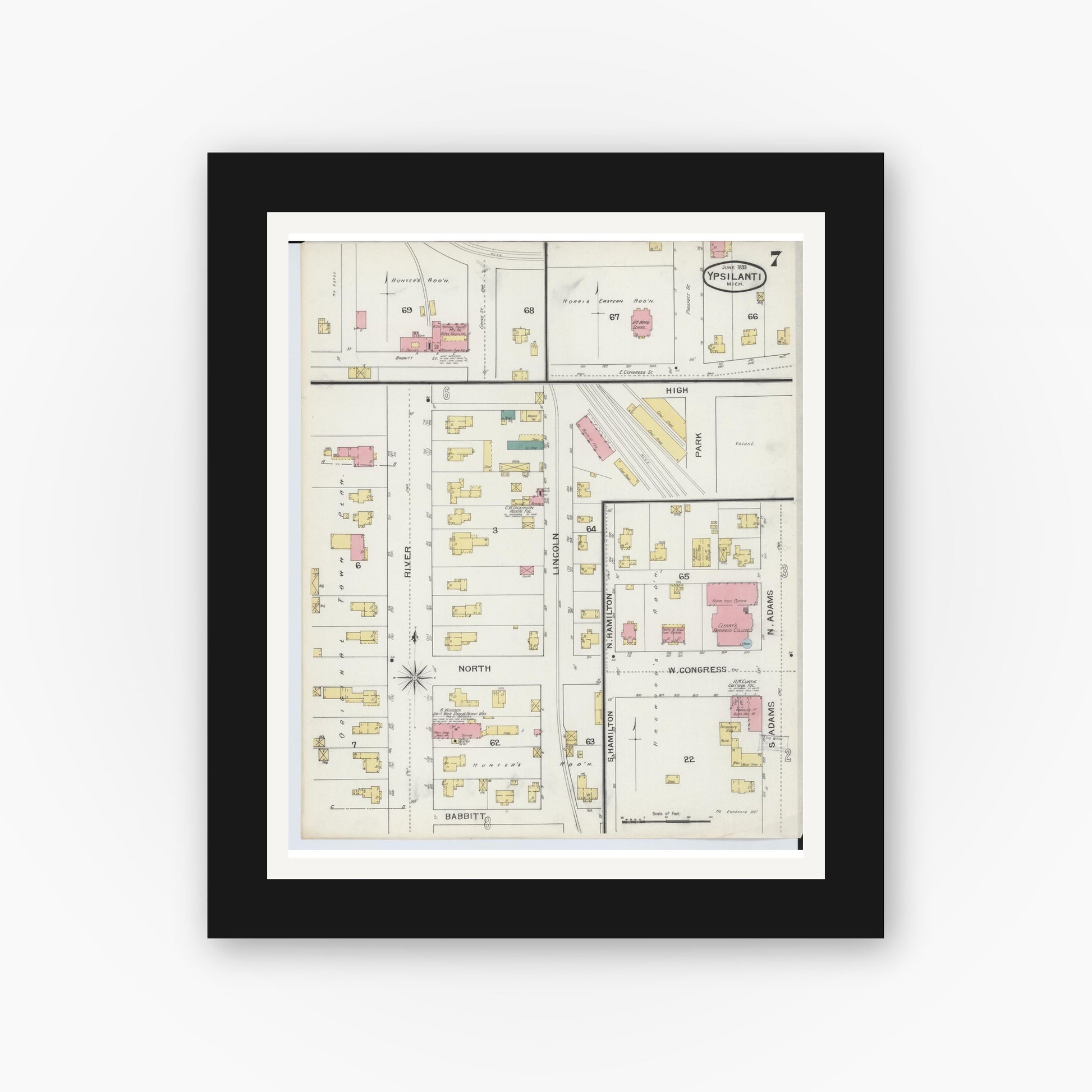 Old map wall art mockup — black gallery frame with white mat — Sanborn Fire Insurance Map from Ypsilanti, Washtenaw County, Michigan (1893), Sheet #0007