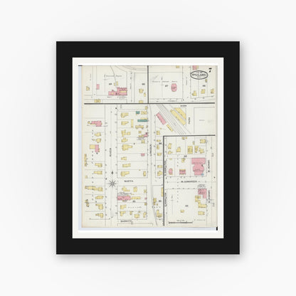 Old map wall art mockup — black gallery frame with white mat — Sanborn Fire Insurance Map from Ypsilanti, Washtenaw County, Michigan (1893), Sheet #0007