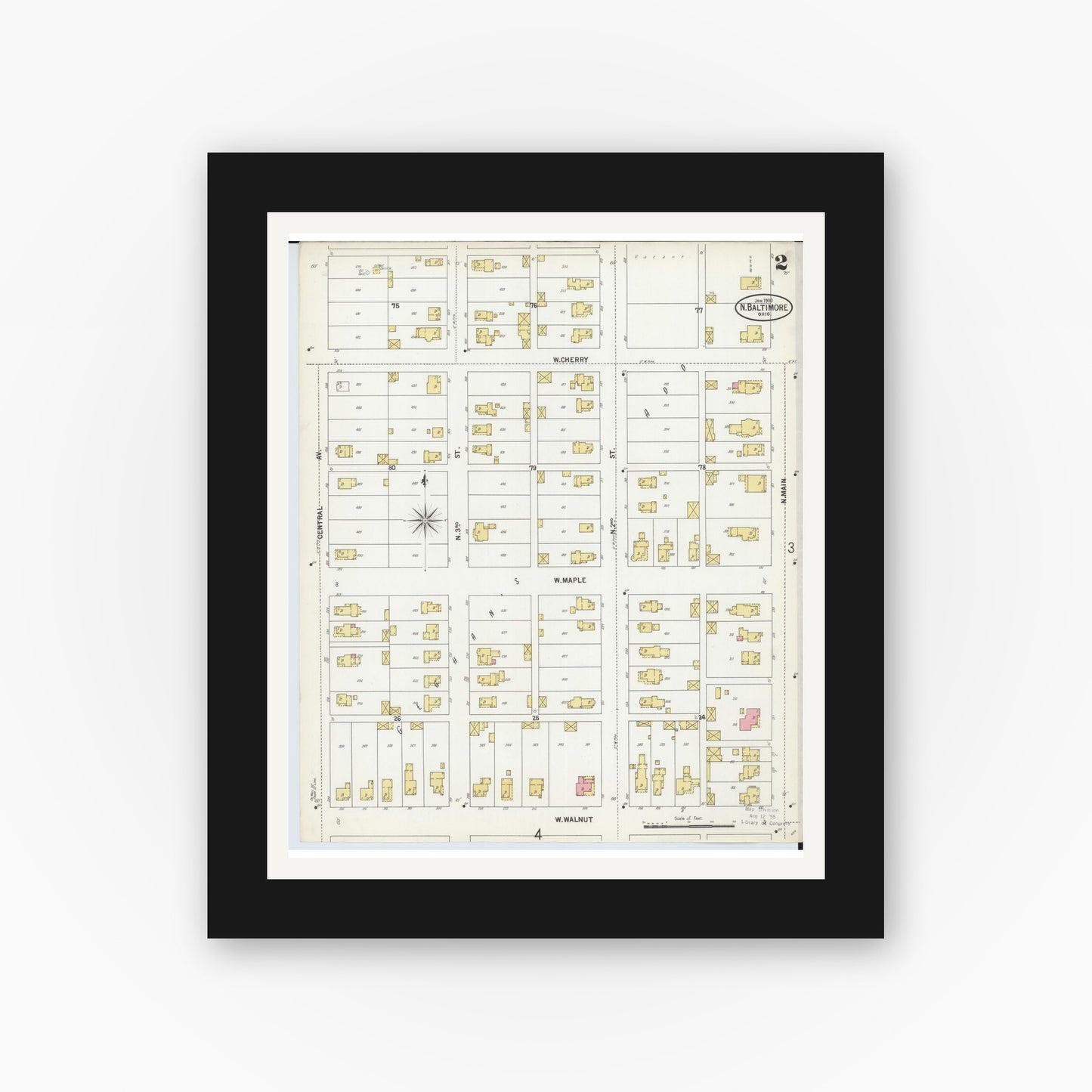 Old map wall art mockup — black gallery frame with white mat — Sanborn Fire Insurance Map from North Baltimore, Wood County, Ohio (1900), Sheet #0002