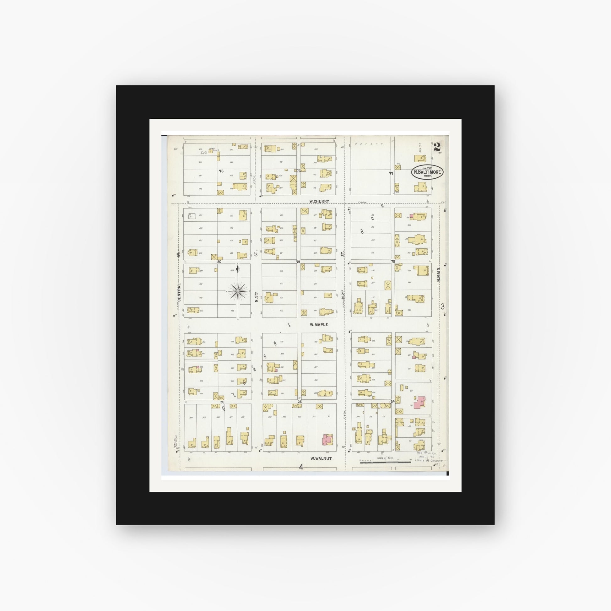 Old map wall art mockup — black gallery frame with white mat — Sanborn Fire Insurance Map from North Baltimore, Wood County, Ohio (1900), Sheet #0002
