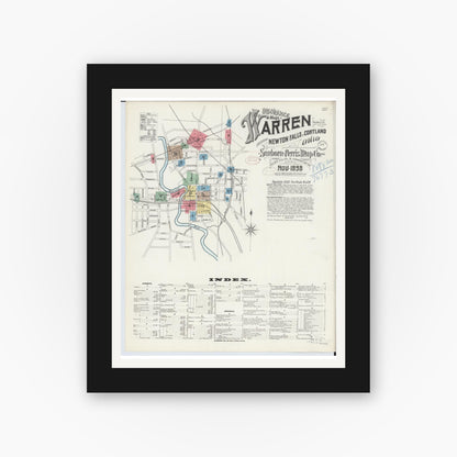 Old map wall art mockup — black gallery frame with white mat — Sanborn Fire Insurance Map from Warren, Trumbull County, Ohio (1898) - Complete Map Set