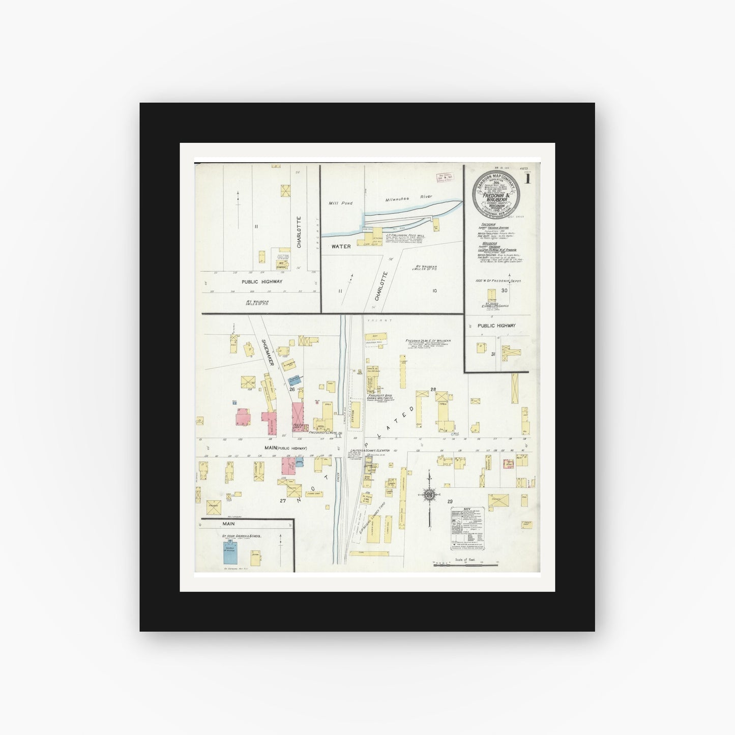 Old map wall art mockup — black gallery frame with white mat — Sanborn Fire Insurance Map from Fredonia, Ozaukee County, Wisconsin (1910), Sheet #0001