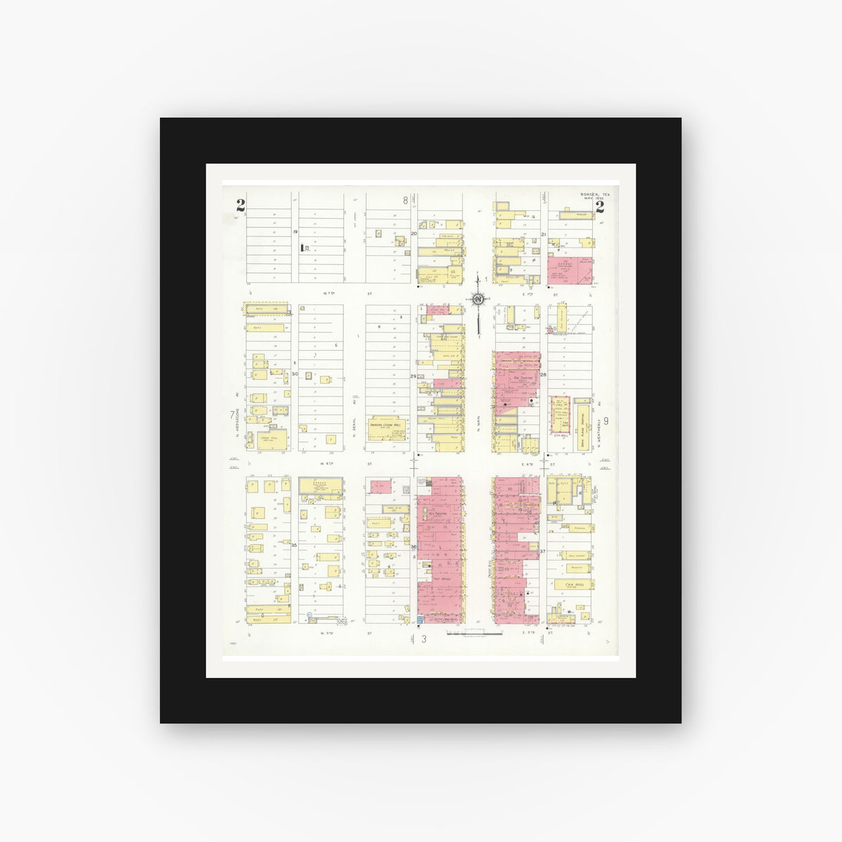 Old map wall art mockup — black gallery frame with white mat — Sanborn Fire Insurance Map from Borger, Hutchinson County, Texas (1933), Sheet #0002