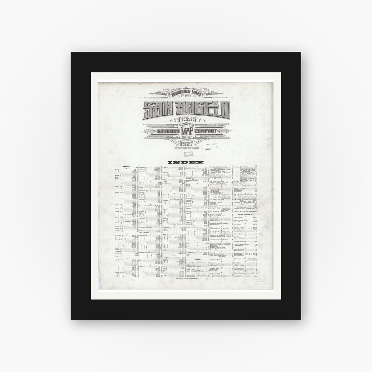 Old map wall art mockup — black gallery frame with white mat — Sanborn Fire Insurance Map from San Angelo, Tom Green County, Texas (1927), Sheet #0001