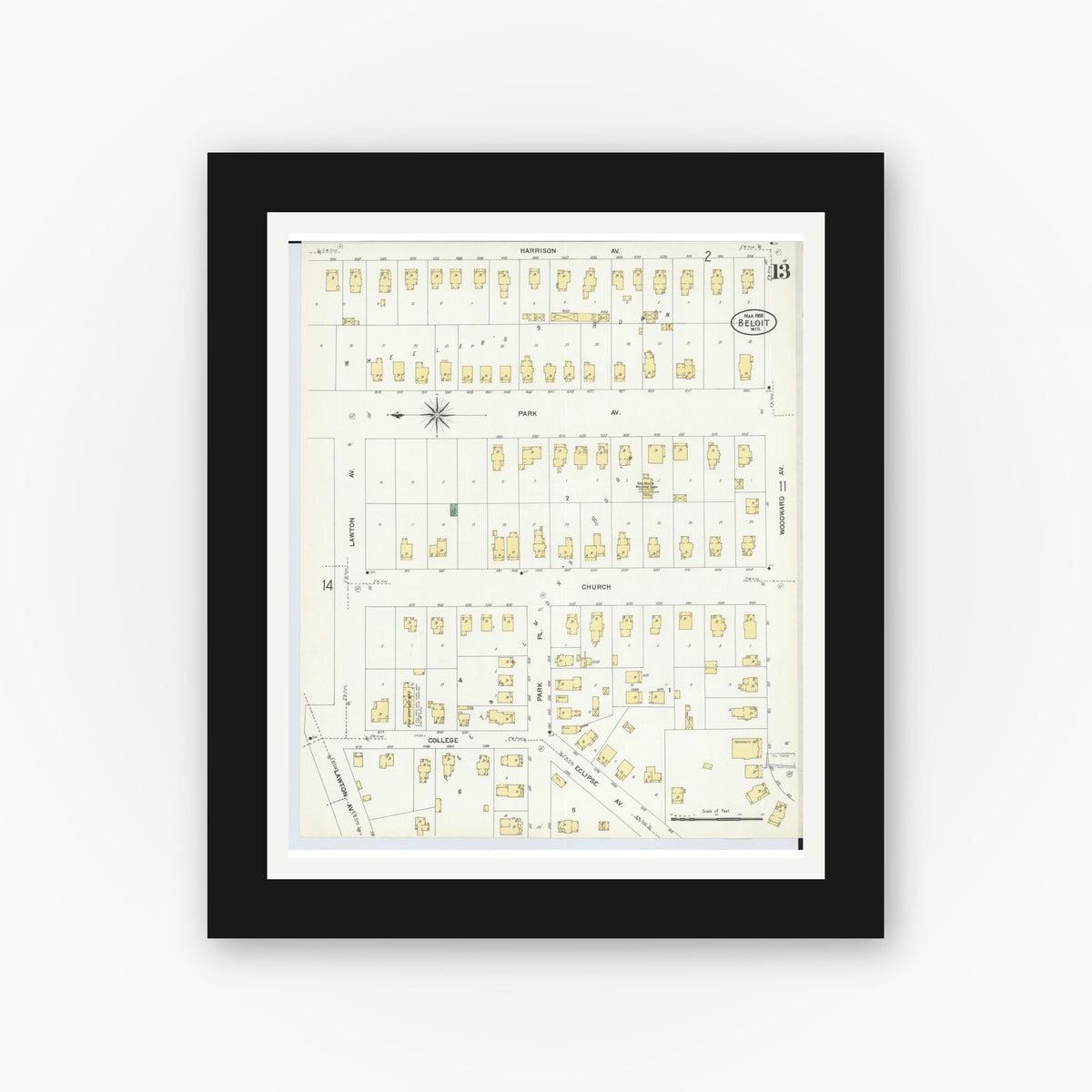 Old map wall art mockup — black gallery frame with white mat — Sanborn Fire Insurance Map from Beloit, Rock County, Wisconsin (1908), Sheet #0013