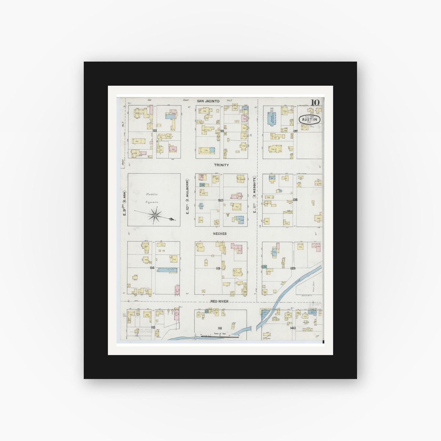 Old map wall art mockup — black gallery frame with white mat — Sanborn Fire Insurance Map from Austin, Travis County, Texas (1889), Sheet #0010
