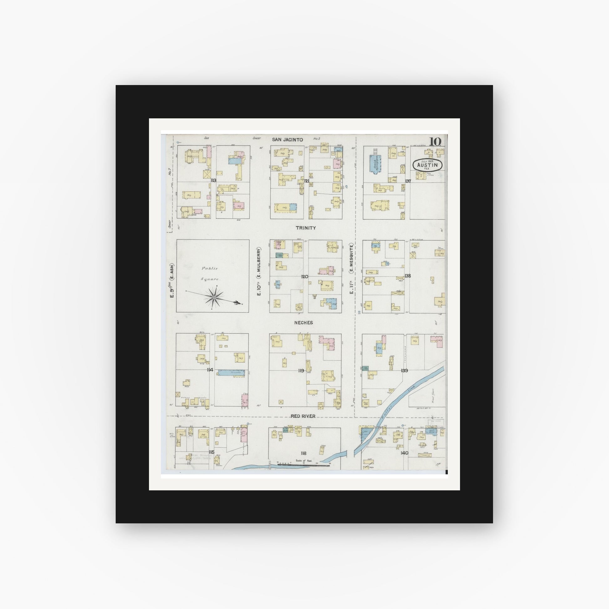 Old map wall art mockup — black gallery frame with white mat — Sanborn Fire Insurance Map from Austin, Travis County, Texas (1889), Sheet #0010