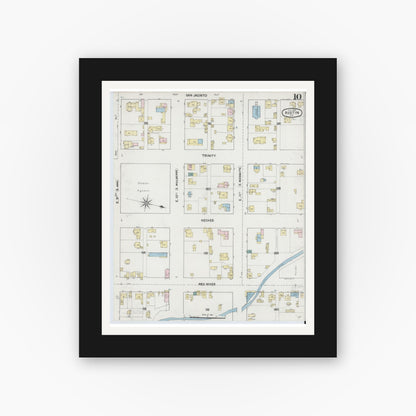 Old map wall art mockup — black gallery frame with white mat — Sanborn Fire Insurance Map from Austin, Travis County, Texas (1889), Sheet #0010